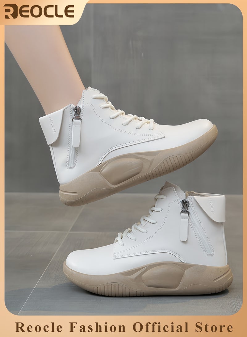 ريوكل حذاء رياضي نسائي من الجلد الطبيعي برباط ونعل سميك، حذاء رياضي كاجوال يصل إلى الكاحل، حذاء رياضي عصري ممتص للصدمات، حذاء رياضي للجري - Image 1