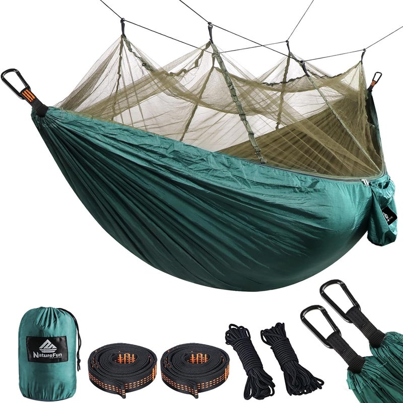 NATUREFUN Ultralight Mosquito Net Camping Hammock, 300 kg Load Capacity, (275 x 140 cm), Breathable, Quick-Drying Parachute Nylon, Includes 2 x Premium Carabiner Hooks, 4 x Nylon Loops - Image 1
