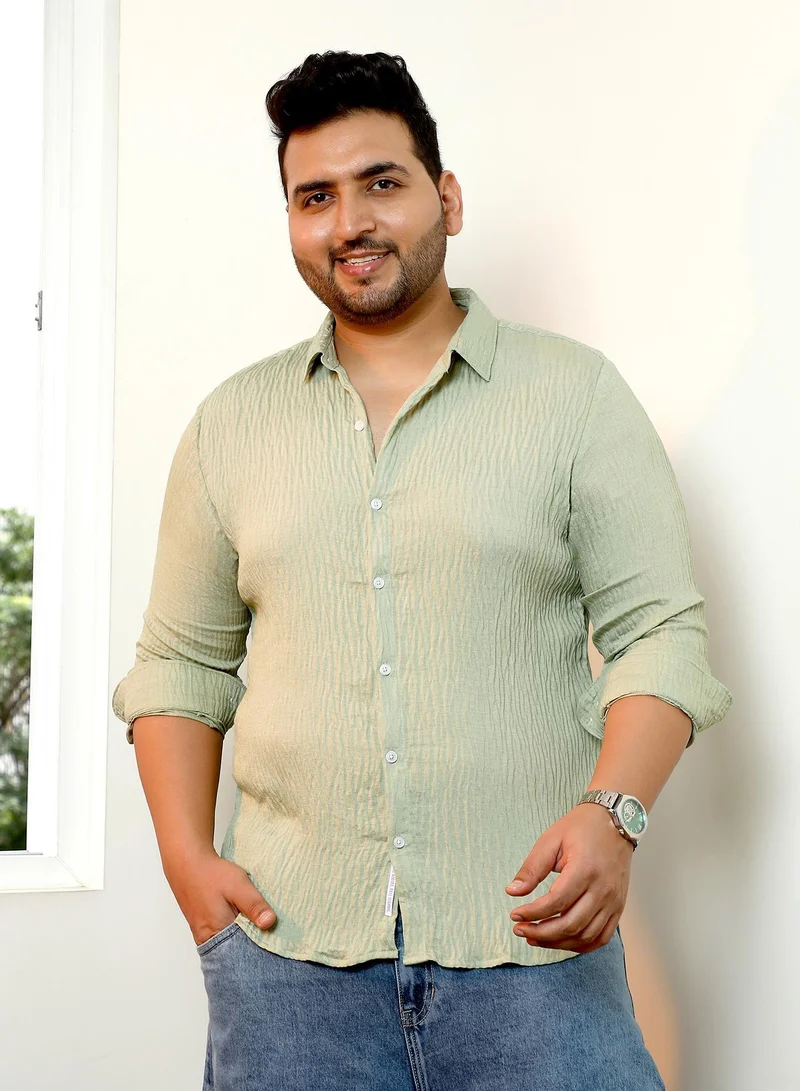 Instafab Plus Instafab Plus Men's Sage Green Solid Creased-Tactile Shirt | Spread Collar , Long Cuffed Sleeves , Button Closure , Curved Hemline | Solid Creased Polyester Blend Material For Street & Casual Wear