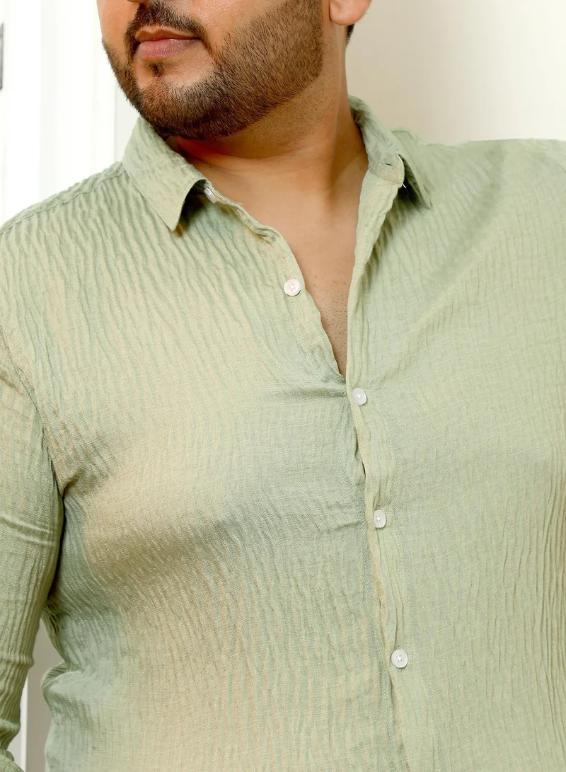 Instafab Plus  Instafab Plus Men's Sage Green Solid Creased-Tactile Shirt | Spread Collar , Long Cuffed Sleeves , Button Closure , Curved Hemline | Solid Creased Polyester Blend Material For Street & Casual Wear for Men | Best Price UAE