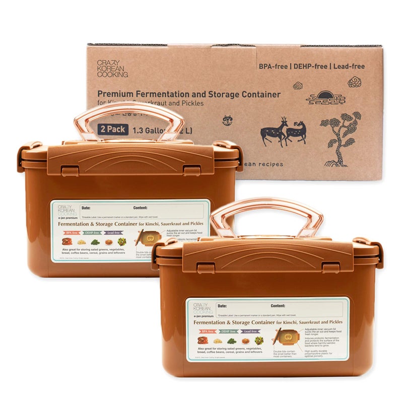 Crazy Korean Cooking Premium Kimchi, Sauerkraut Fermentation and Storage Container with Inner Vacuum Lid, Sandy Brown 1.3 Gal (5.2L) 2 PACK - Image 2