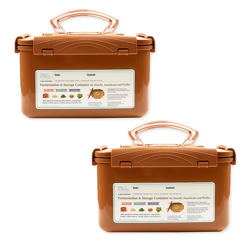 Crazy Korean Cooking Premium Kimchi, Sauerkraut Fermentation and Storage Container with Inner Vacuum Lid, Sandy Brown 1.3 Gal (5.2L) 2 PACK - Image 1