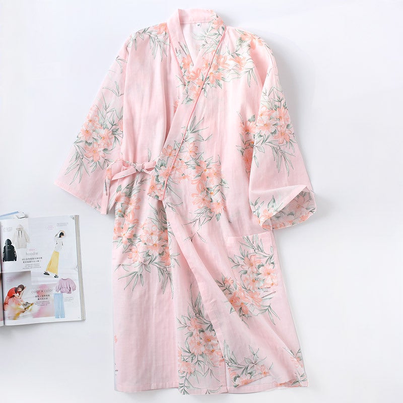 Japanese Cotton Kimono Robe Light Spring Summer Womens Sleepwear Pink Strawberry  - Image 4