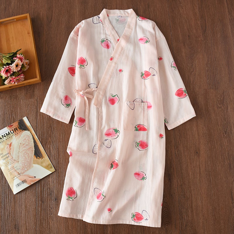 Japanese Cotton Kimono Robe Light Spring Summer Womens Sleepwear Pink Strawberry  - Image 1