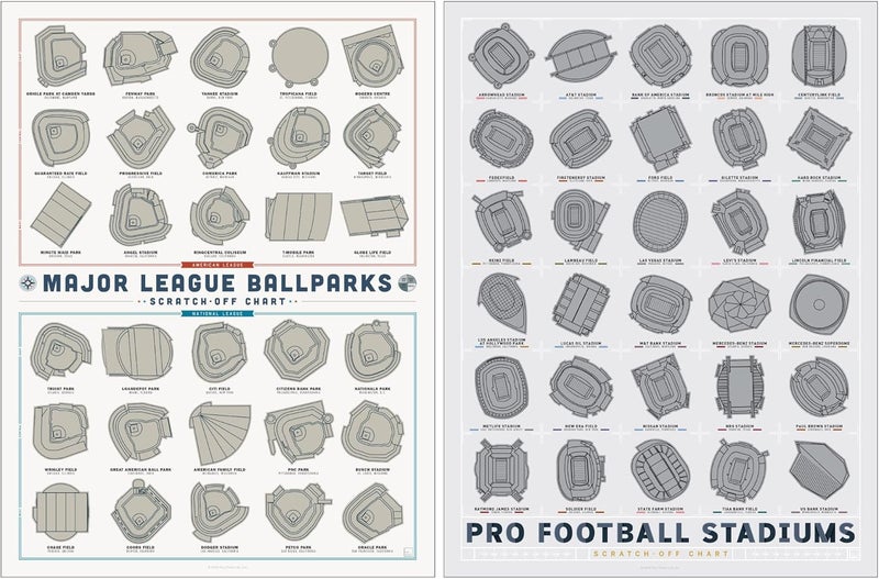 Pop Chart Lab Pop Chart | Baseball and Football Stadium Scratch-Off Poster Two-Pack | Two 12" x 16" Art Prints | All 62 Pro Baseball and Football Stadiums - Image 1