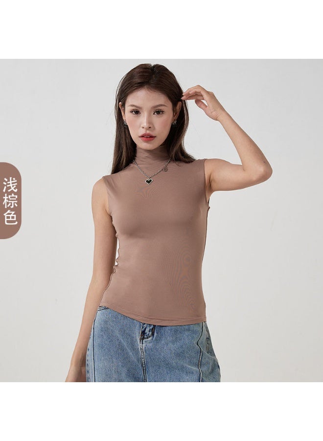 بلوزة داخلية مزدوجة الطبقات بدون أكمام عالية الياقة بلمسة ناعمة، ضيقة وقابلة للتمدد لتبدو أنحف. - Image 1