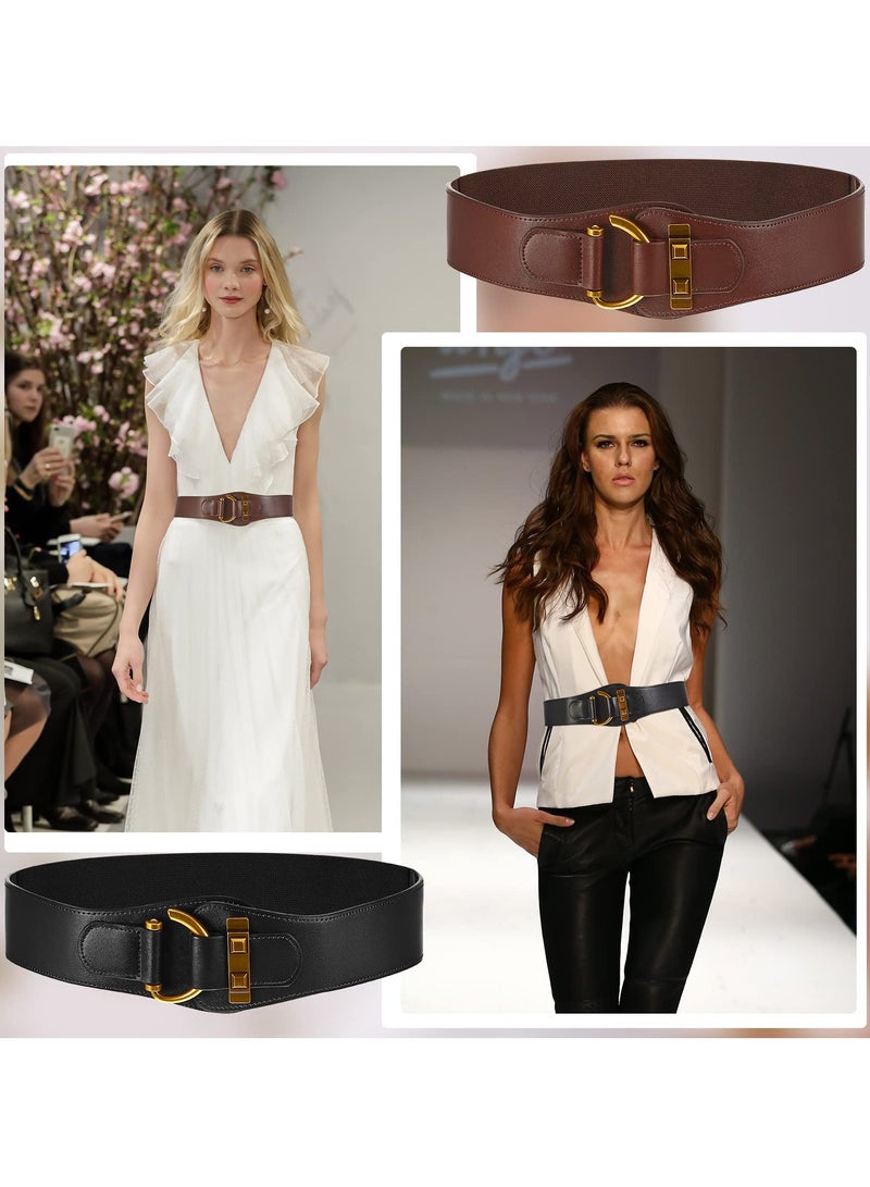 Women's Vintage Wide Belt Leather Stretchy Belt with Interlock Buckle Retro Cinch Belt Waist Belt for Women Dress 2 Pcs - Image 4