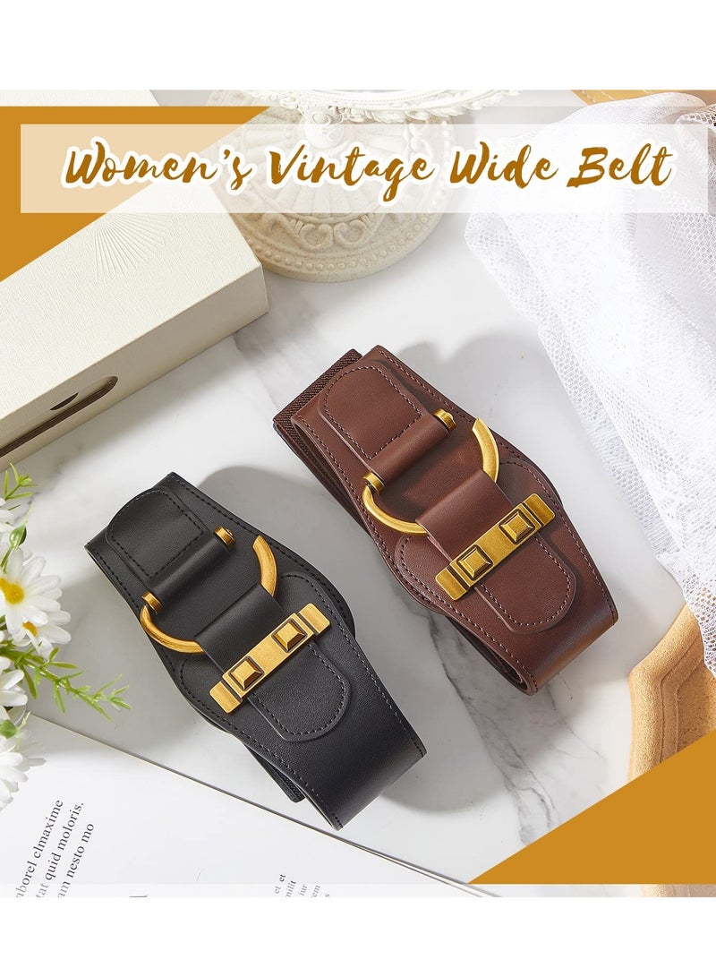 Women's Vintage Wide Belt Leather Stretchy Belt with Interlock Buckle Retro Cinch Belt Waist Belt for Women Dress 2 Pcs - Image 5