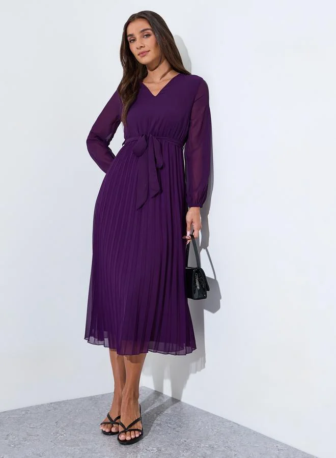 Purple Solid Tie-Up Waist Pleated Details V-Neck A-Line Midi Dress