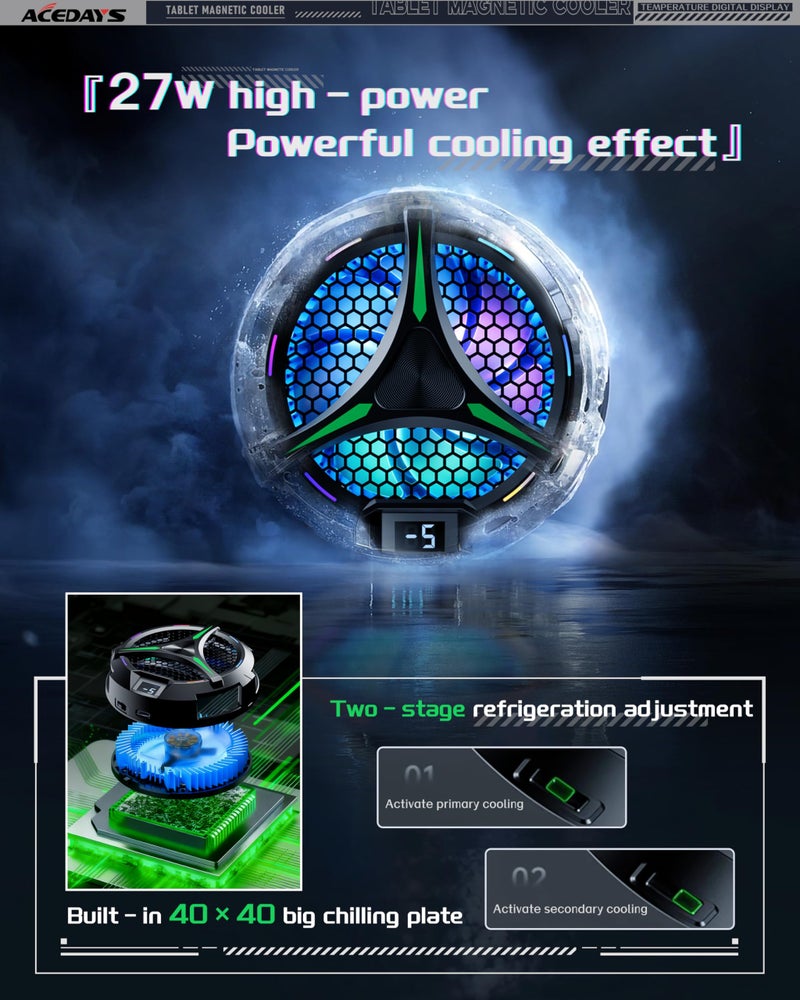 ACEDAYS Magnetic Cooler for iPad,Tablet Cooler for ipad/Surface pro/Samsung Tab,Universal Radiator with Temperature Display for Mobile Gaming,Tiktok Live Streaming (Green Mech) - Image 4