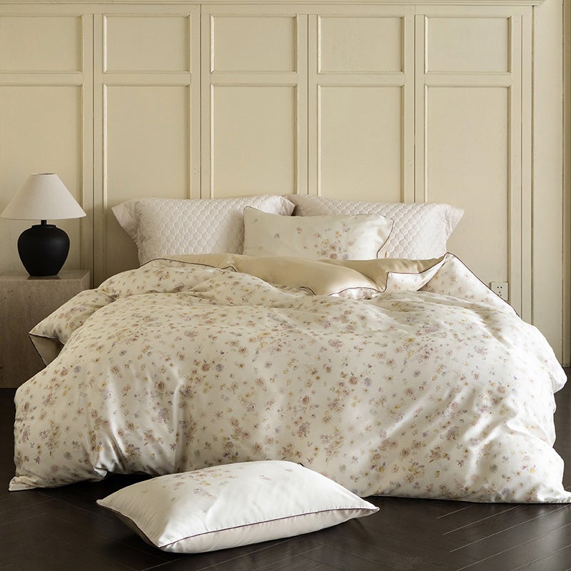 Mirror Flower Beige Duvet Cover Set - Modern Minimalist Lyocell Bedding - Summer Collection - Image 1