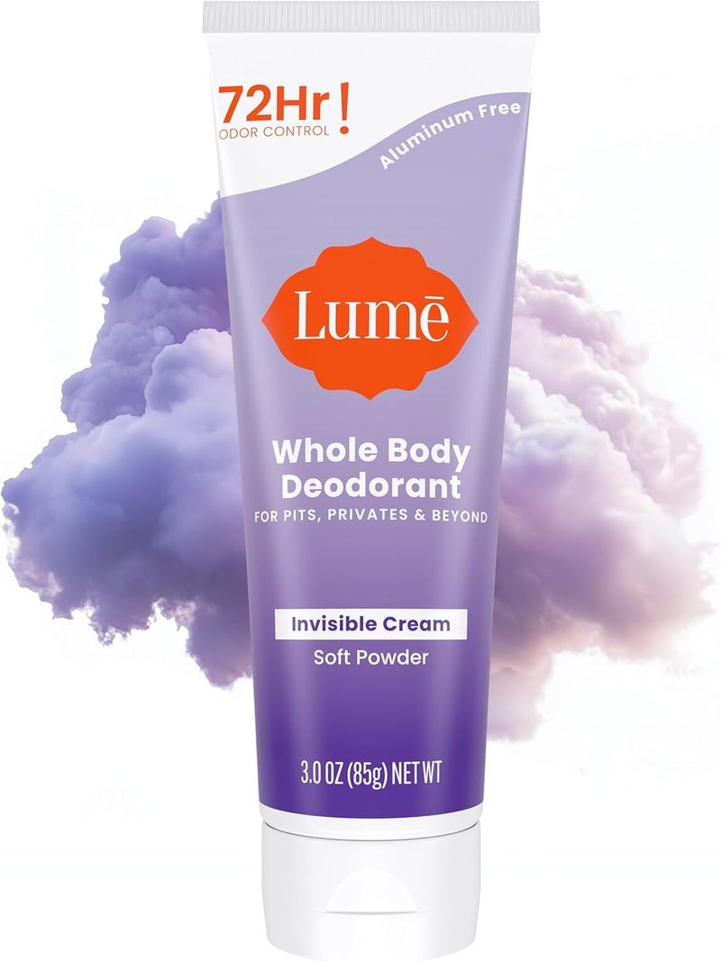 Lume Whole Body Deodorant  Invisible Cream Tube  72 Hour Odor Control  Aluminum Free Baking Soda Free Skin Safe  30 ounce Soft Powder
