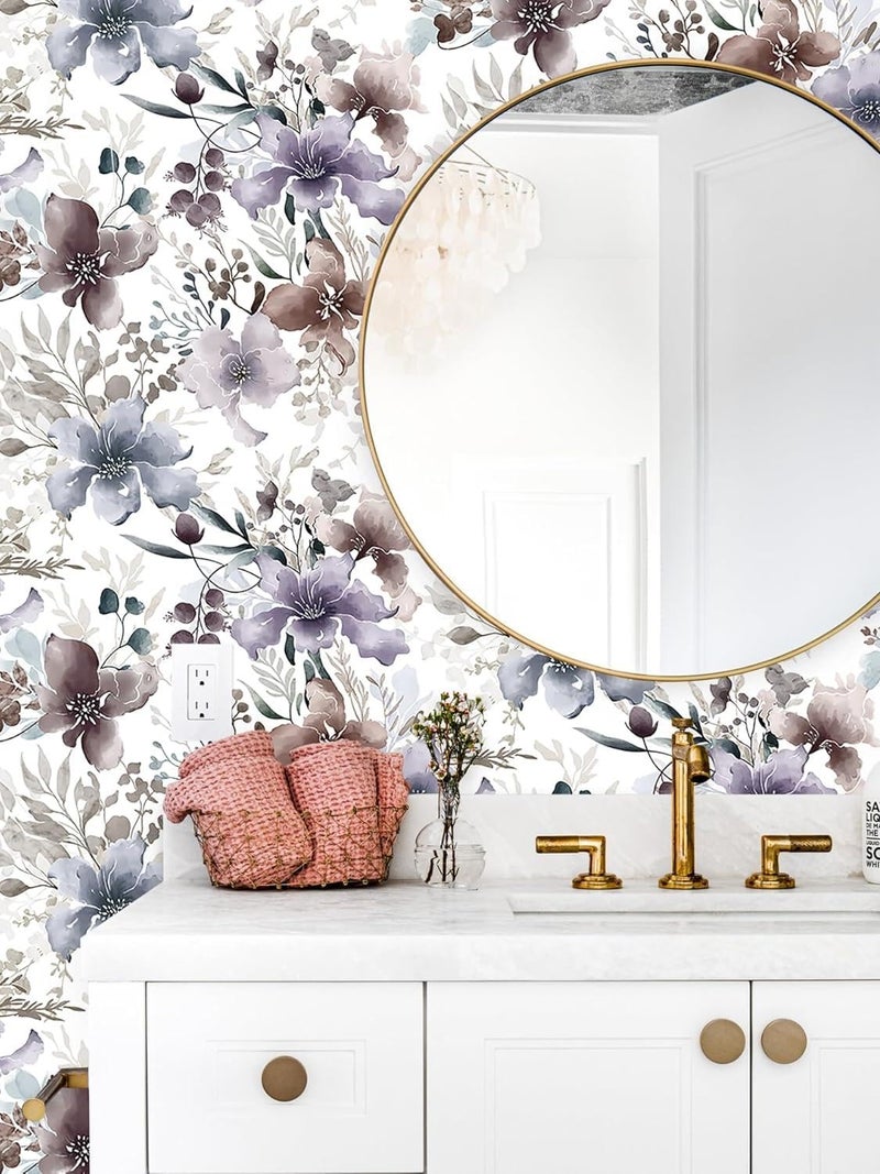 GloryTik Floral Wallpaper Purple Peel and Stick Wallpaper Boho Wall Paper Floral Contact Paper Removable Bathroom wallpapr Self Adhesive Wallpapr for Bedroom Cabinets Decor Vinyl 17.3"X118" - Image 3