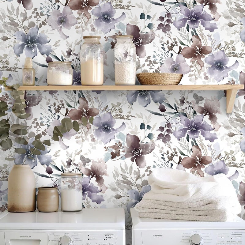 GloryTik Floral Wallpaper Purple Peel and Stick Wallpaper Boho Wall Paper Floral Contact Paper Removable Bathroom wallpapr Self Adhesive Wallpapr for Bedroom Cabinets Decor Vinyl 17.3"X118" - Image 5