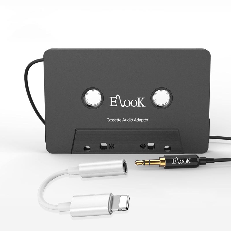 Elook Car Cassette Aux Adapter Kit, with A Smartphone to 3.5 mm Headphone Jack Adapter for Phone, MP3 ect. Black - Image 1