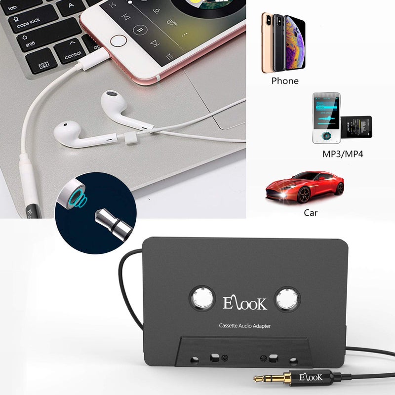 Elook Car Cassette Aux Adapter Kit, with A Smartphone to 3.5 mm Headphone Jack Adapter for Phone, MP3 ect. Black - Image 2