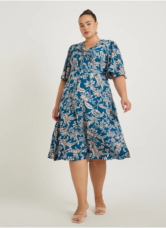 ستايلي Plus Size V-Neck Short Sleeve A-Line Midi Dress
