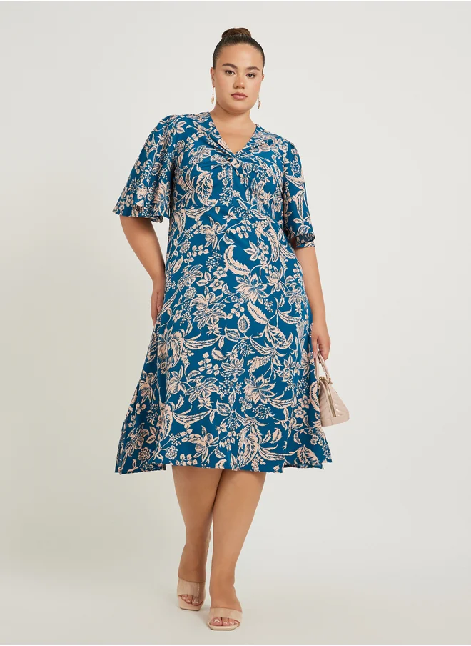ستايلي Plus Size V-Neck Short Sleeve A-Line Midi Dress