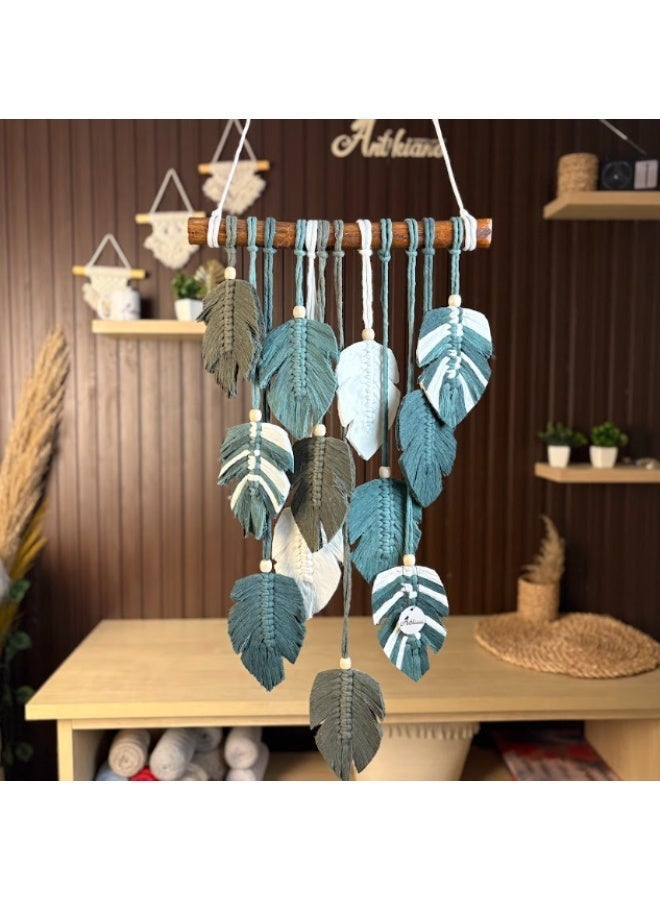 انتيكيانو ريشة مكرمية للتعليق على الحائط بتصميم اوراق شجر بوهو مصنوع يدويا أخضر - Image 1