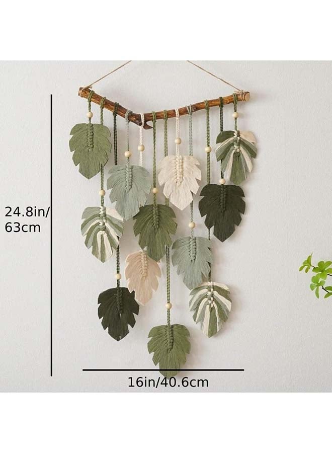 انتيكيانو ريشة مكرمية للتعليق على الحائط بتصميم اوراق شجر بوهو مصنوع يدويا أخضر - Image 3