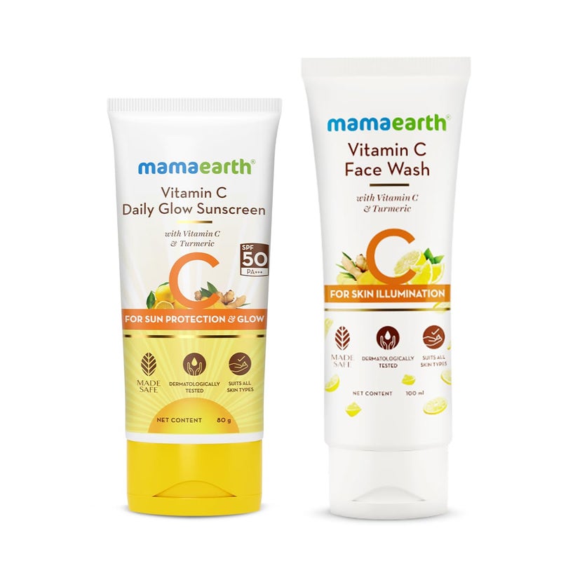 Mamaearth Mamaearth Vitamin C Glow Getter Duo  Vitamin C Face Wash  100 ml  Vitamin C Daily Glow Sunscreen  80 g  Brightens Skin  SPF 50  PA Protection  Revives Natural Glow  - Image 1