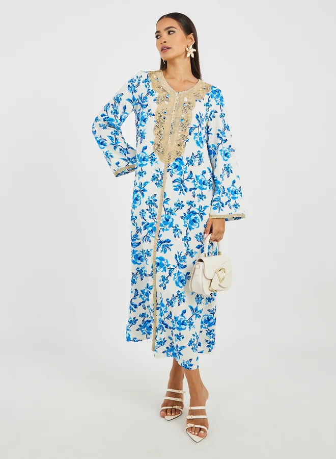 Take Two Take Two Embroidered Lace Details Floral Print A-Line Jalabiya