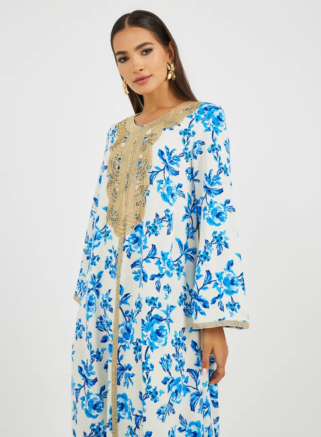 Take Two Take Two Embroidered Lace Details Floral Print A-Line Jalabiya