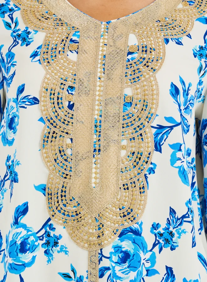 Take Two Take Two Embroidered Lace Details Floral Print A-Line Jalabiya