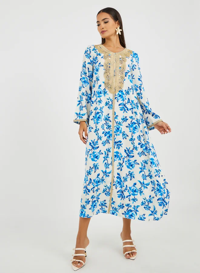 Take Two Take Two Embroidered Lace Details Floral Print A-Line Jalabiya