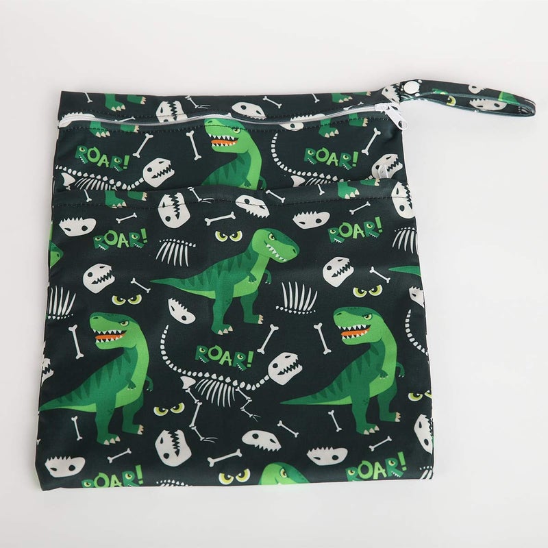 Sigzagor Wet Bag Baby Cloth Diaper Nappy Bag Reusable With Two Zippered Pockets Boys (Green Dinosaur) - Image 3