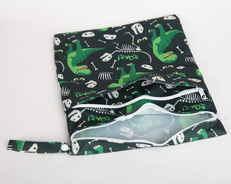 Sigzagor Wet Bag Baby Cloth Diaper Nappy Bag Reusable With Two Zippered Pockets Boys (Green Dinosaur) - Image 2