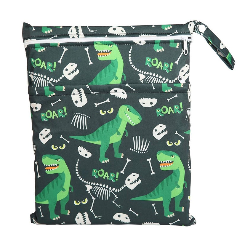 Sigzagor Wet Bag Baby Cloth Diaper Nappy Bag Reusable With Two Zippered Pockets Boys (Green Dinosaur) - Image 1