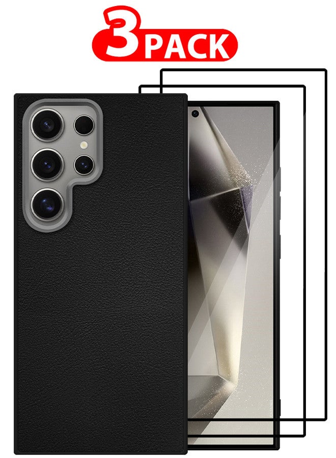 CATANES (for Samsung Galaxy S24 Ultra) 3 Pack Case Cover and 2 Screen Protectors Leather Case with Lens Frame Shockproof Full Body Protective Cover Black - Image 1