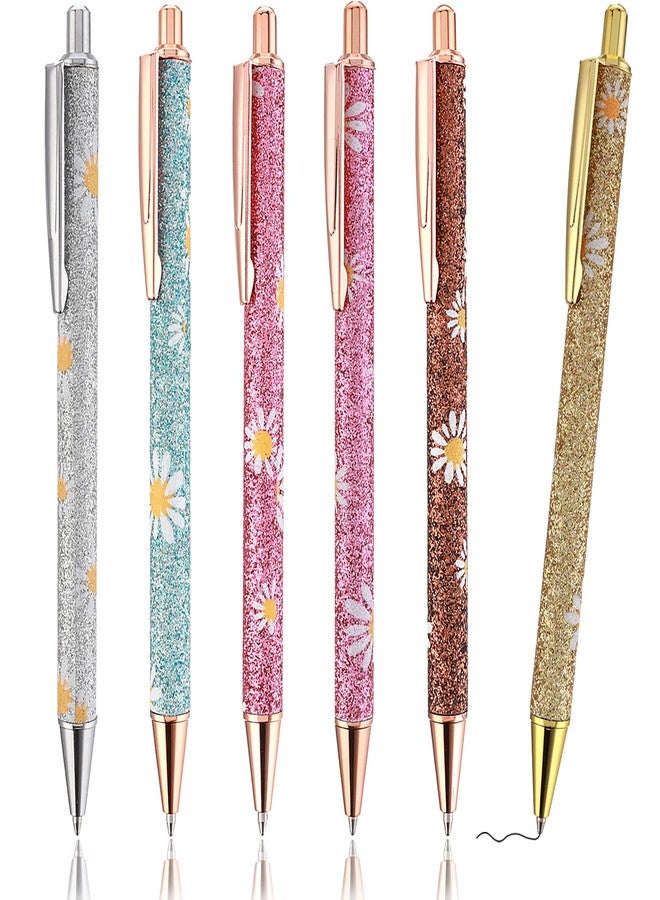 cobee Bling Pens, 6 Pack 1.0 mm Click Retractable Ballpoint Pens - Glitter, Black Ink Medium Point - Daisy Print Gift Pens Comfortable for Journaling and Writing Students - Image 1
