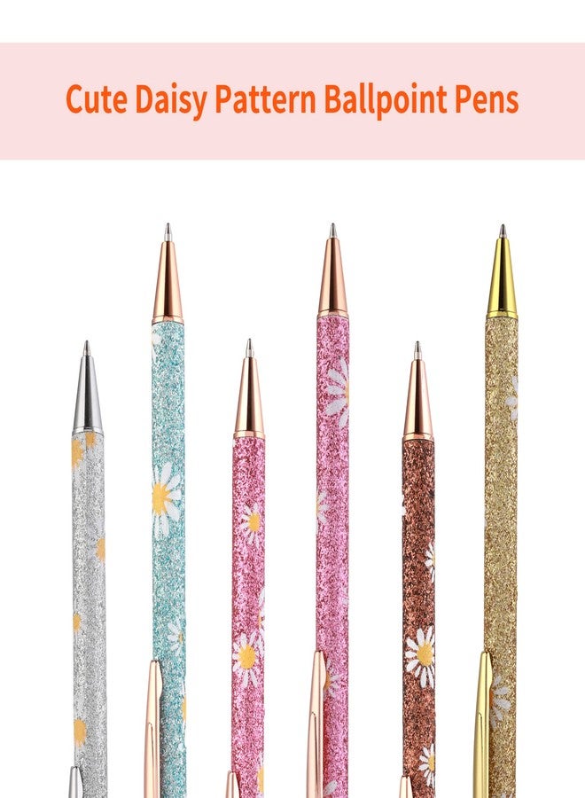 cobee Bling Pens, 6 Pack 1.0 mm Click Retractable Ballpoint Pens - Glitter, Black Ink Medium Point - Daisy Print Gift Pens Comfortable for Journaling and Writing Students - Image 2
