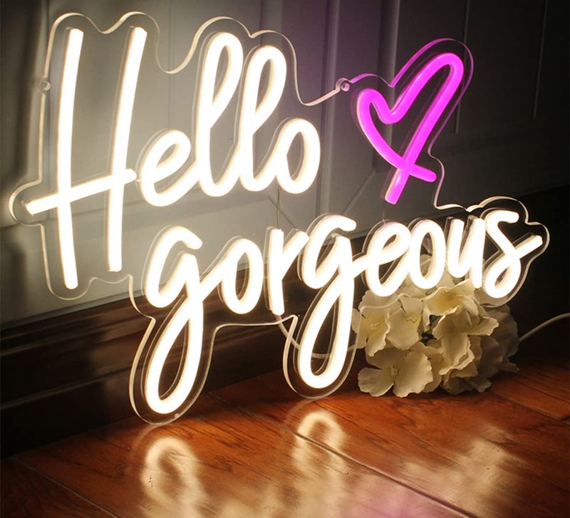 DAKABUKA مرحبًا جميلة لافتات نيون ضوء LED أبيض هدية فن الجدار للديكور المنزلي زفاف عيد ميلاد خلفية حفلة توديع العزوبية مع مفتاح قابل للتعتيم 5V 165X11 بوصة