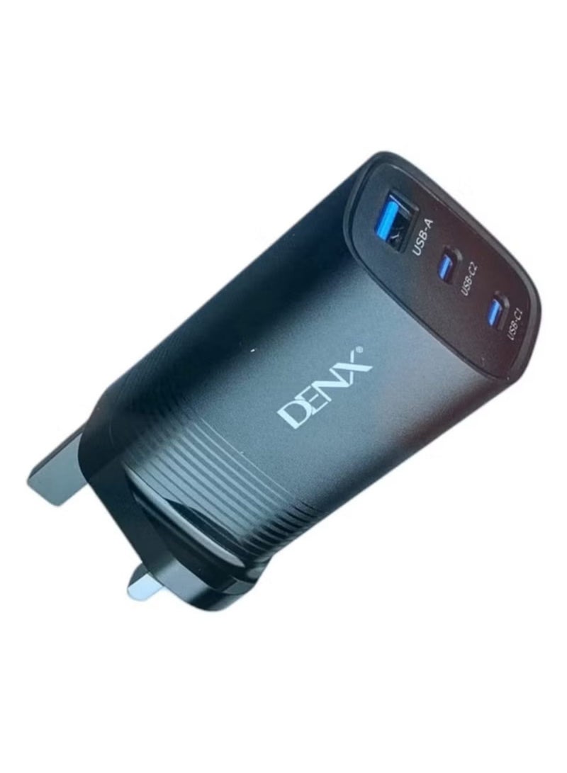 Denx 67W wall charger - 3 ports, 2 PD and 1 USB - black - Image 1
