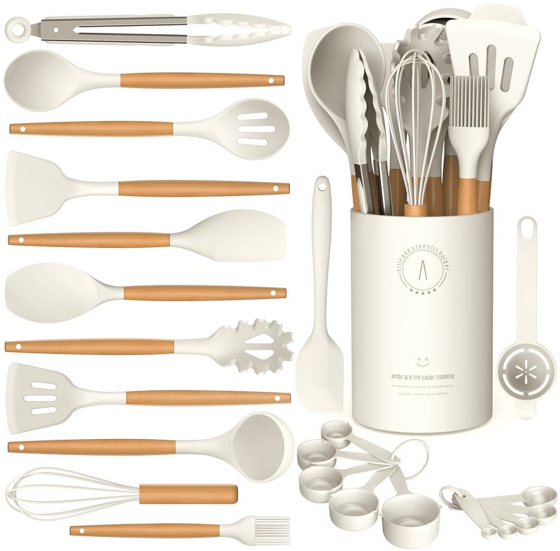 AVGPD Silicone Cooking Utensils Set, Silicone Utensils for Cooking, 446Â° Heat Resistant Kitchen Utensil Silicone Spatula Sets, Kitchen Gadgets for Non-Stick Cookware BPA FREE (Cream White) - Image 1