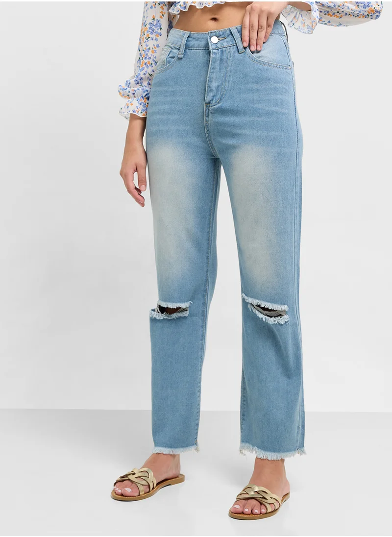جينجر Distressed Straight Fit Jeans