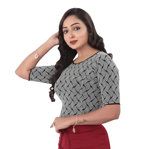DESI GIRL - Round Neck Cotton Lycra Regular Fit Saree Blouse for Women | Half Sleeve Readymade Embroidered Design with Silver Zari Festive Blouse Perfect for Saree, Lehenga, Kurti | Black - 32 - Image 2