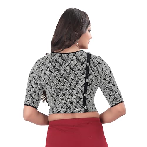 DESI GIRL - Round Neck Cotton Lycra Regular Fit Saree Blouse for Women | Half Sleeve Readymade Embroidered Design with Silver Zari Festive Blouse Perfect for Saree, Lehenga, Kurti | Black - 32 - Image 3