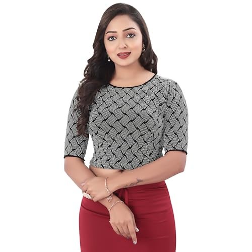 DESI GIRL - Round Neck Cotton Lycra Regular Fit Saree Blouse for Women | Half Sleeve Readymade Embroidered Design with Silver Zari Festive Blouse Perfect for Saree, Lehenga, Kurti | Black - 32 - Image 1