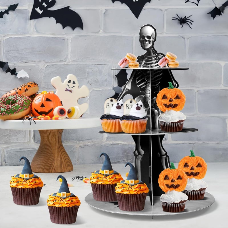 Haooryx Halloween Skeleton Cupcake Stand - 3 Tier Scary Bone Cupcake Tower Cardboard Gothic Style Black Dessert Holder Pastry Platter for Halloween Theme Party Table Decoration Birthday Party Supplies - Image 4