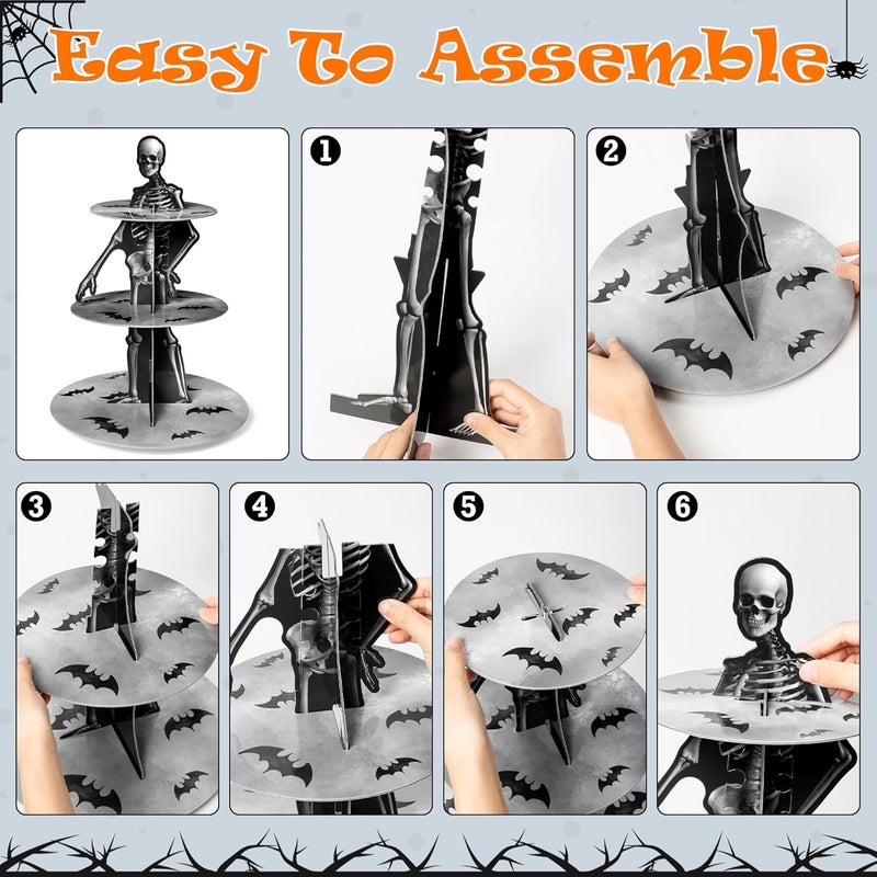 Haooryx Halloween Skeleton Cupcake Stand - 3 Tier Scary Bone Cupcake Tower Cardboard Gothic Style Black Dessert Holder Pastry Platter for Halloween Theme Party Table Decoration Birthday Party Supplies - Image 3