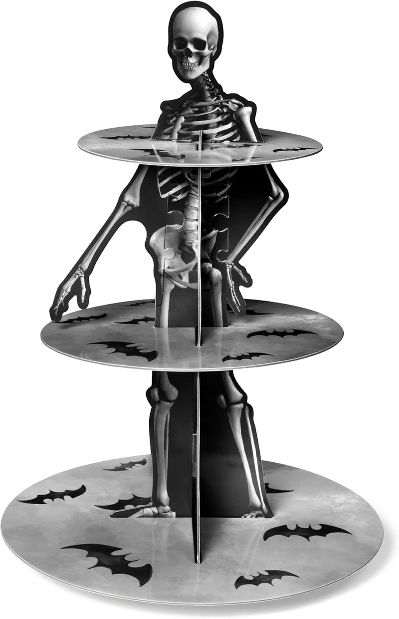Haooryx Halloween Skeleton Cupcake Stand - 3 Tier Scary Bone Cupcake Tower Cardboard Gothic Style Black Dessert Holder Pastry Platter for Halloween Theme Party Table Decoration Birthday Party Supplies - Image 1