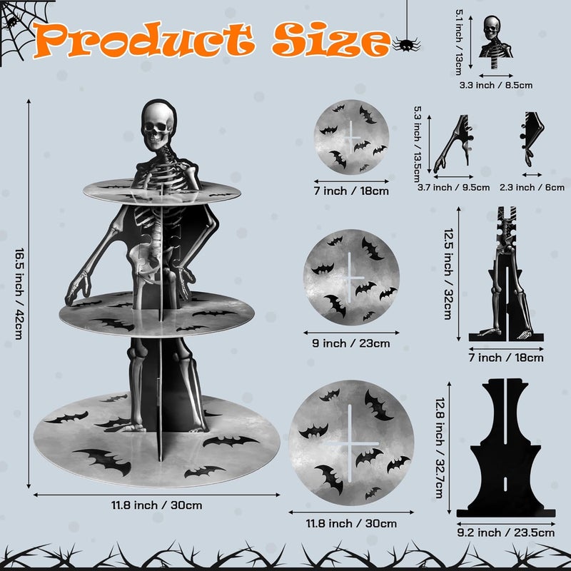 Haooryx Halloween Skeleton Cupcake Stand - 3 Tier Scary Bone Cupcake Tower Cardboard Gothic Style Black Dessert Holder Pastry Platter for Halloween Theme Party Table Decoration Birthday Party Supplies - Image 2