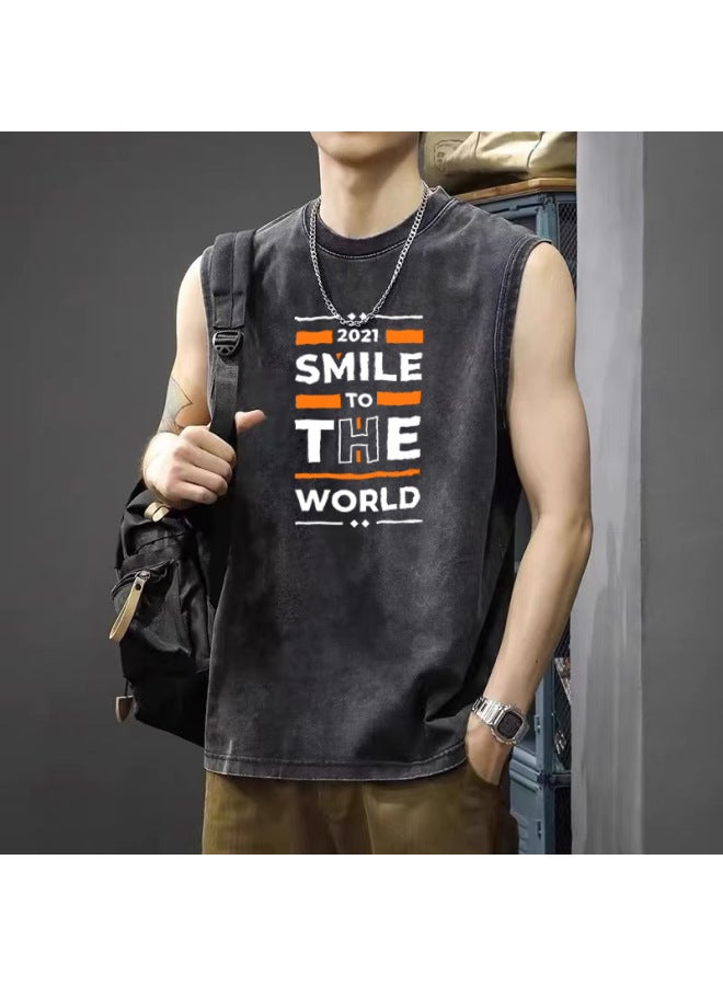 Loose Oversized Printed Washed Vintage Sleeveless T-shirt Men's Summer Loose Big Size Tank Top Casual Top