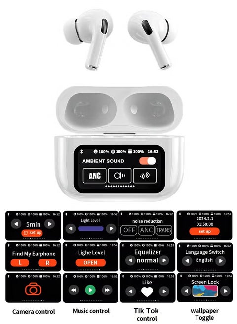 TWS Bluetooth 5.4 Wireless In-Ear Headset Ultra-Low Latency Music Bluetooth Earphones and 360° Stereo Sound Bluetooth Earbuds with Touch Screen Display Bluetooth Headphones with TIK TOK Control