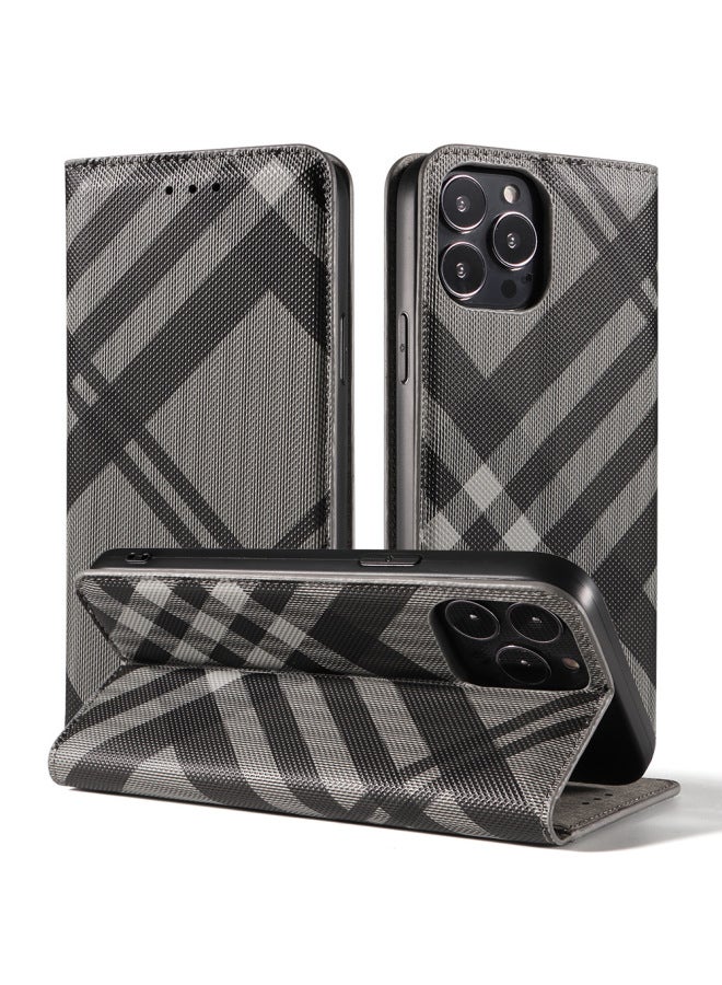 For Iphone16 Phone Leather Case For Huawei P50 Phone Case For Iphone 15 Check Flip Cover Protective Case For Samsung S23-Color:Dark Gray-Applicable Model:For Iphone 13 Pro