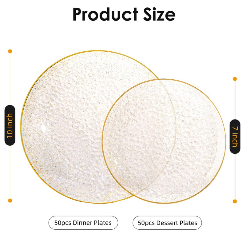 Lullaby 100PCS Clear Plastic Plates with Gold Rim, Includes 50pcs Dinner Plate 10â€ and 50pcs Dessert Plate 7â€, Disposable Heavyduty Plates for Birthdays, Parties and Wedding - Image 2